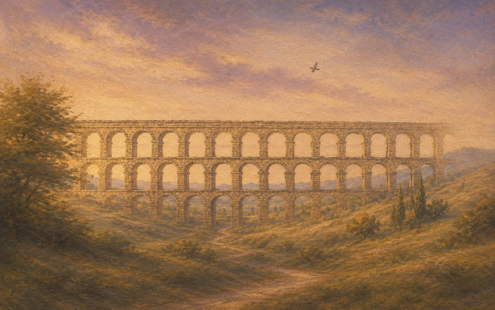 Roman aqueduct at golden hour, a kestrel overhead — infrastructure engineered to last.